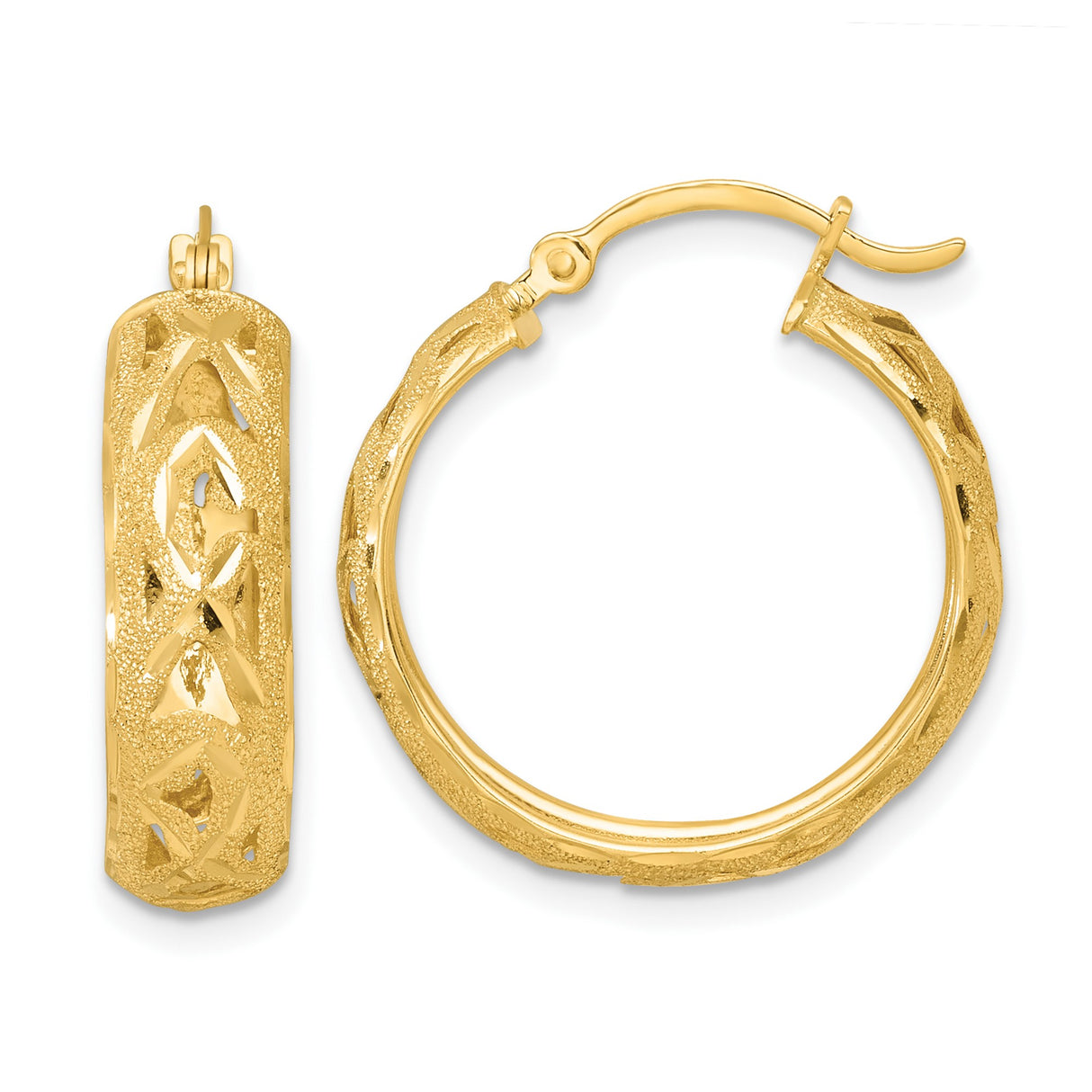 14k Yellow Gold Hoop Earrings, Textured Diamond Cut Openwork Design, Lightweight Round Style