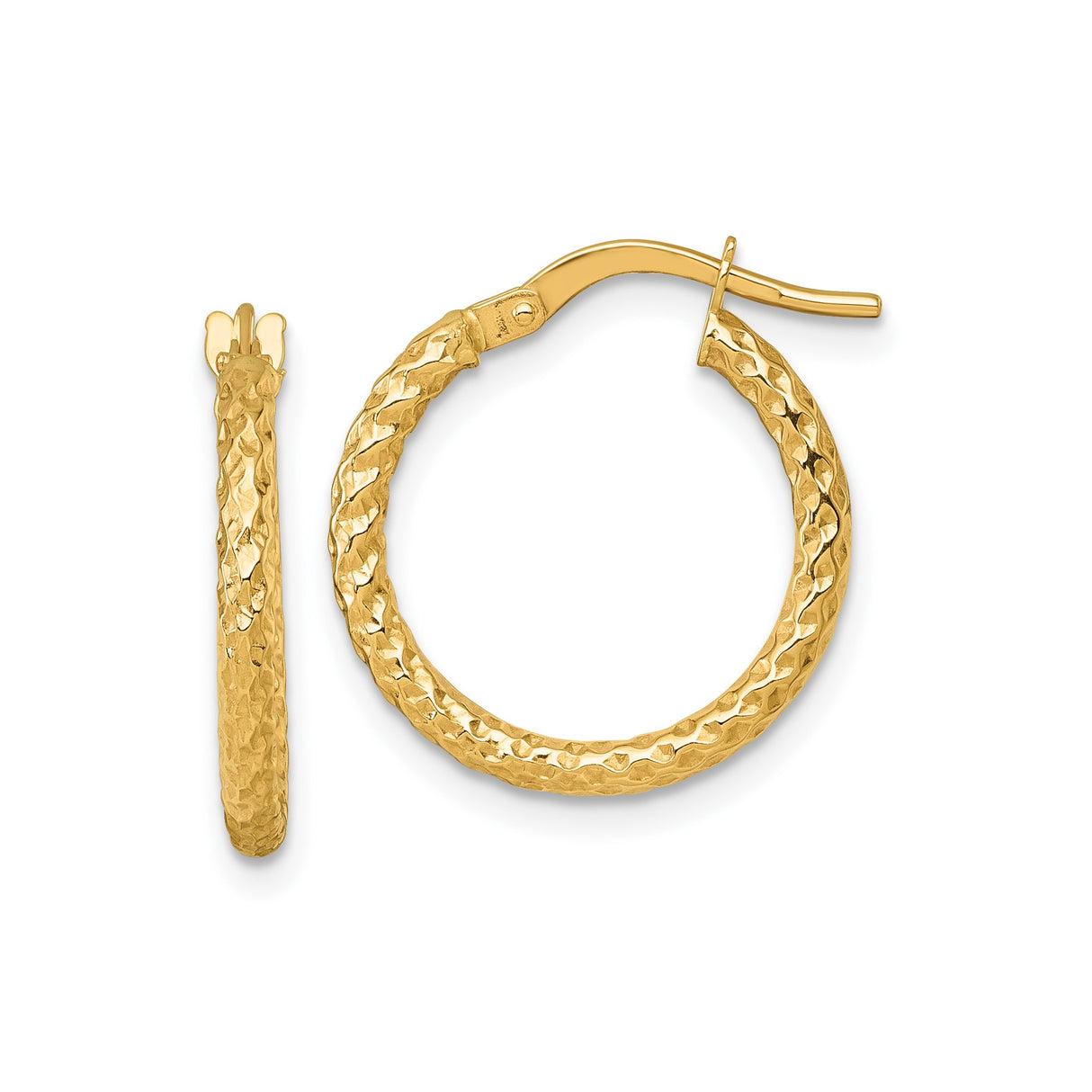 14k Yellow Gold Hoop Earrings with Hammered Finish and Twisted Design for Women