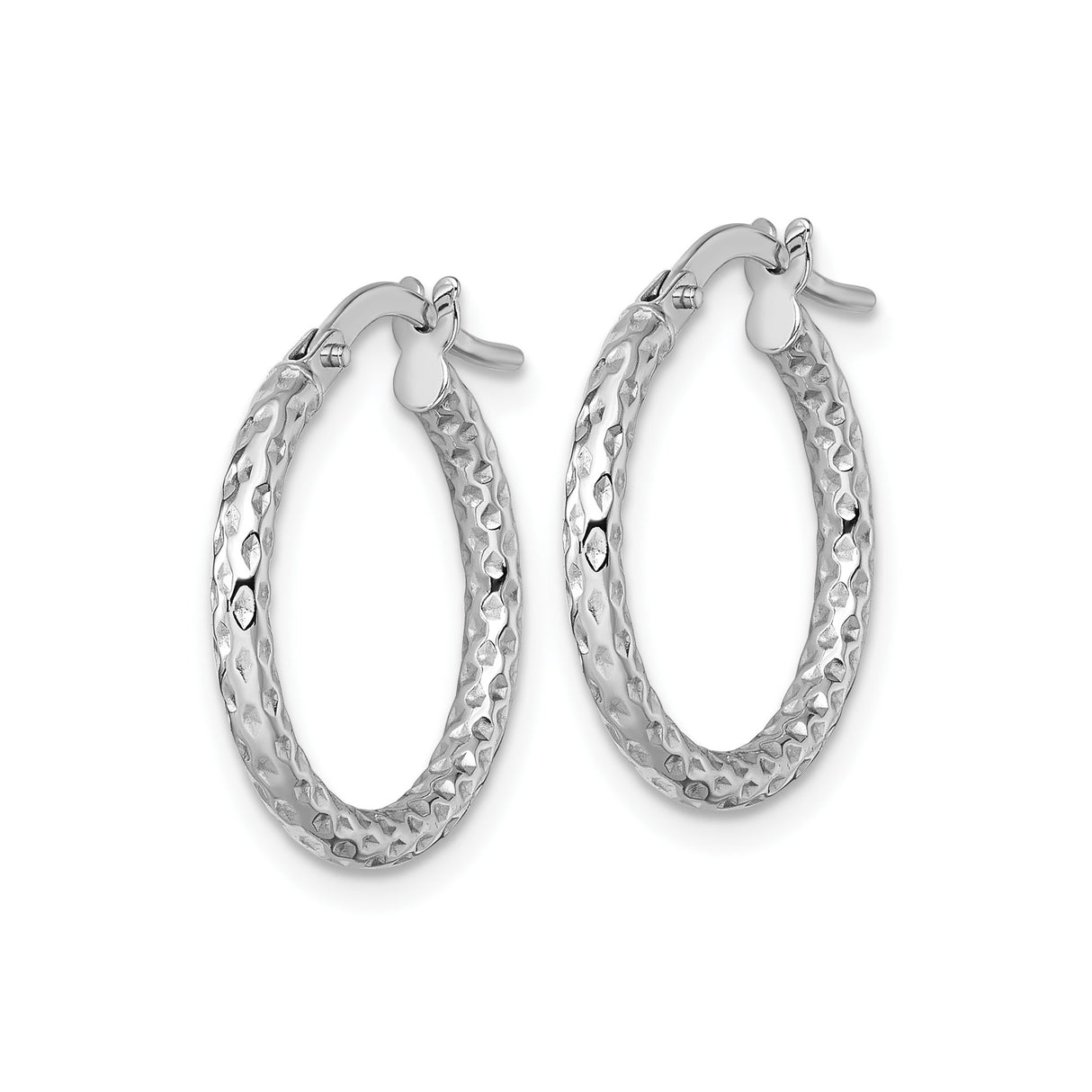 14k White Gold Hammered Hoop Earrings, Textured Round Hoops with Latch Back Closure