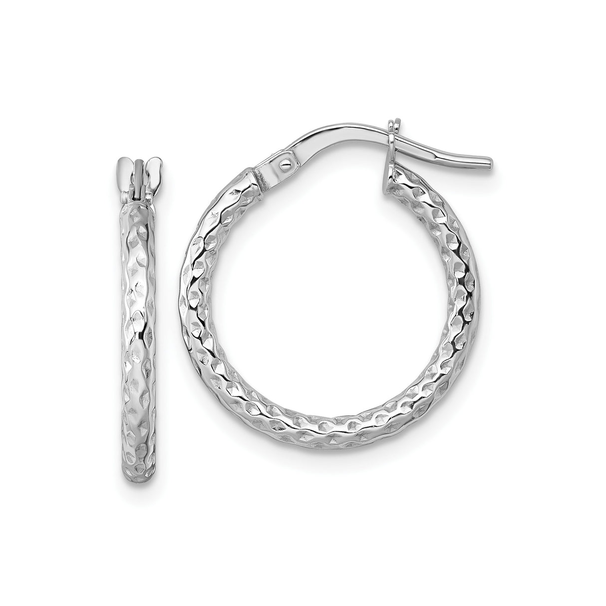 14k White Gold Hammered Hoop Earrings, Textured Round Hoops with Latch Back Closure