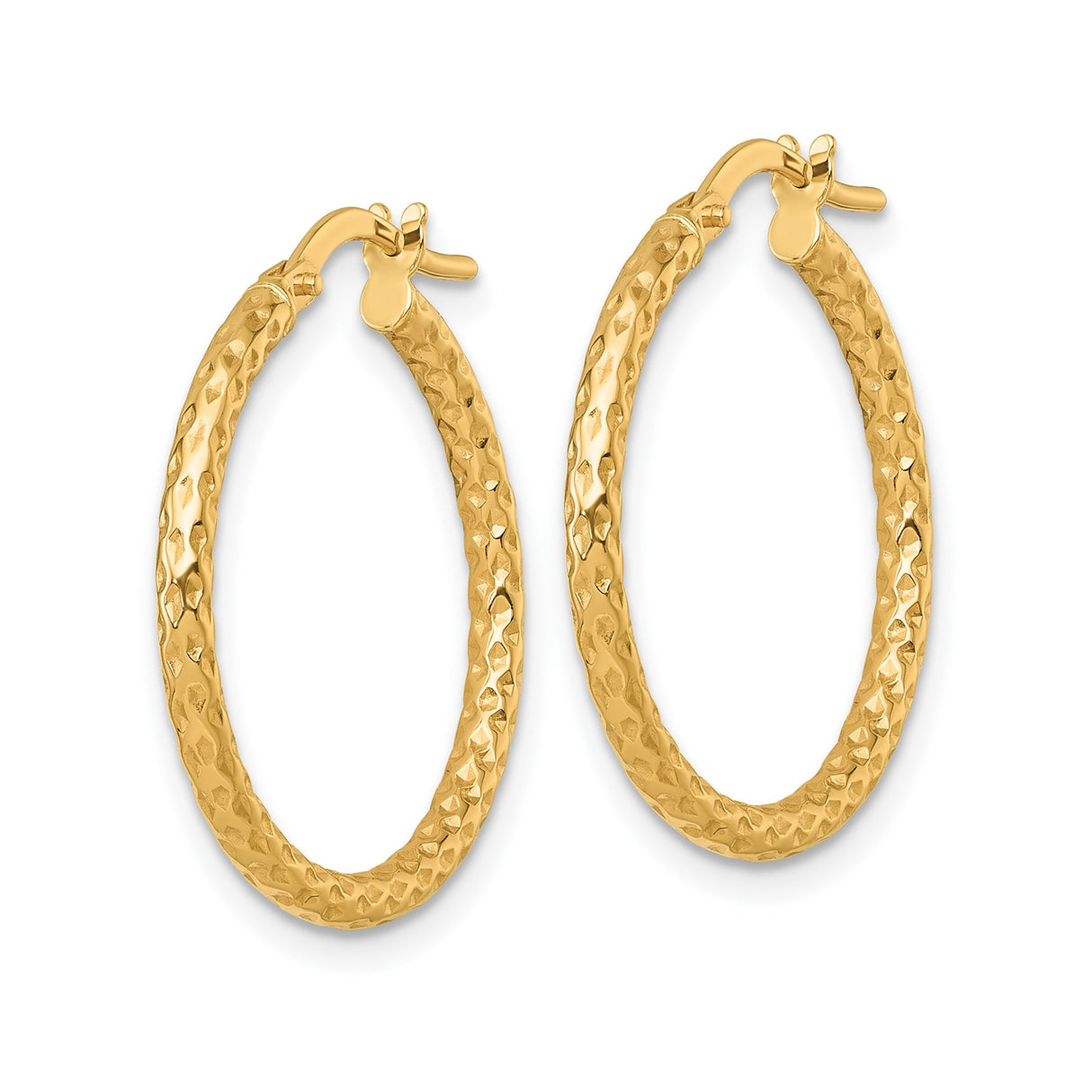 14k Yellow Gold Hoop Earrings, Textured Hammered Finish, Classic Lightweight Tube Style