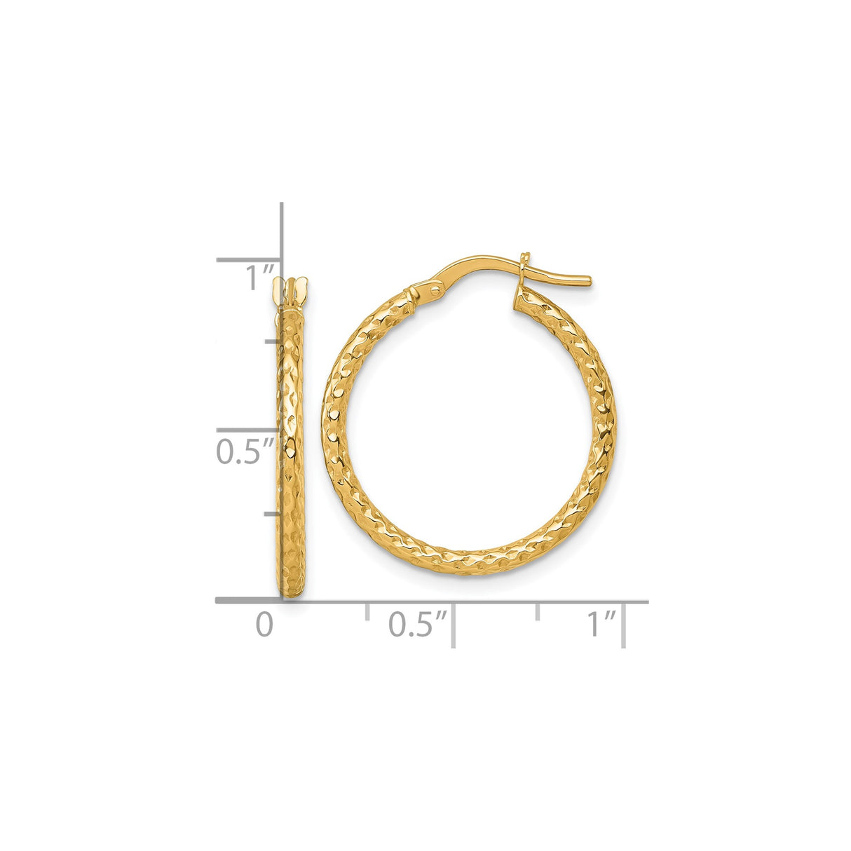 14k Yellow Gold Hoop Earrings, Textured Hammered Finish, Classic Lightweight Tube Style