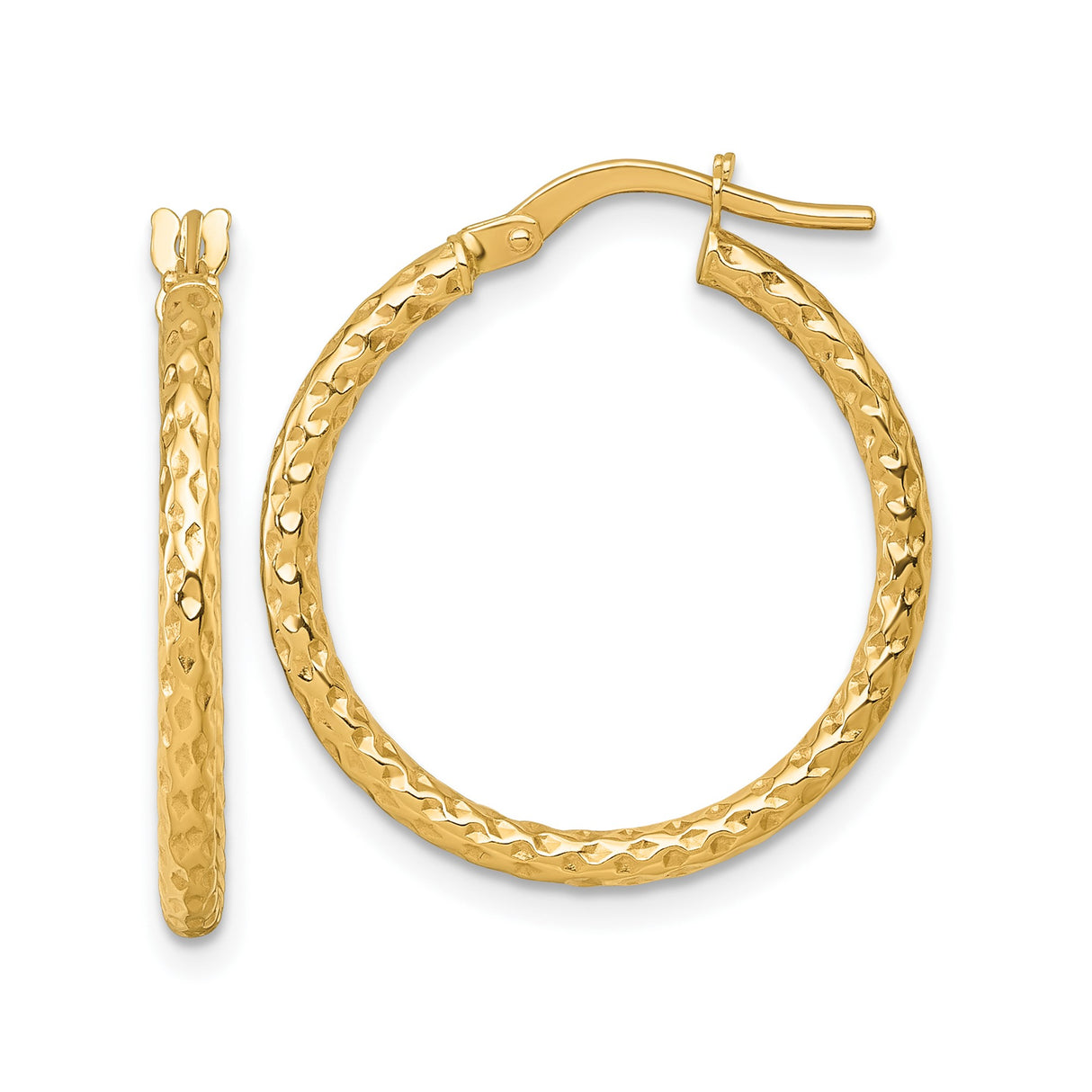 14k Yellow Gold Hoop Earrings, Textured Hammered Finish, Classic Lightweight Tube Style