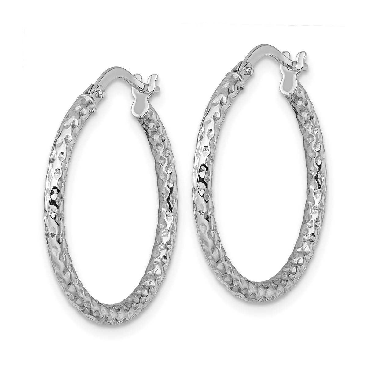14k White Gold Hoop Earrings with Hammered Finish, Lightweight Textured Round Design for Women