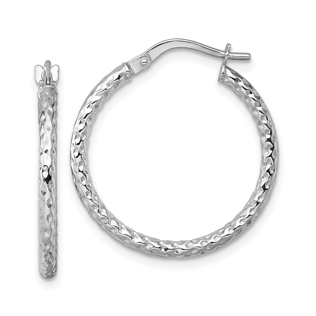 14k White Gold Hoop Earrings with Hammered Finish, Lightweight Textured Round Design for Women
