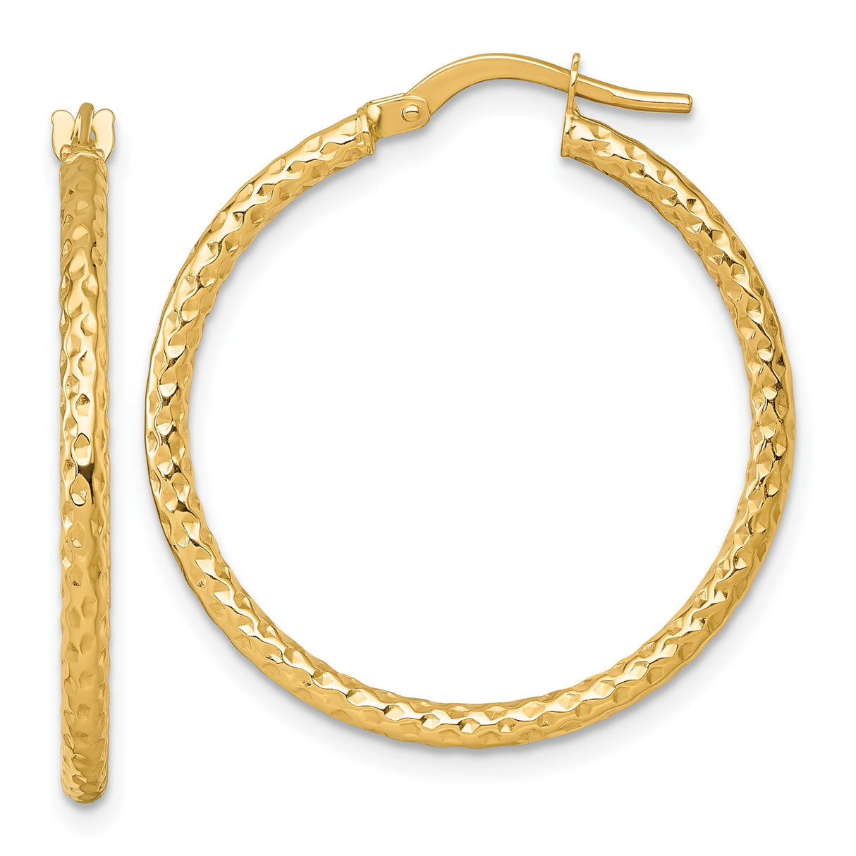 14k Yellow Gold Hoop Earrings with Hammered Texture and Polished Finish