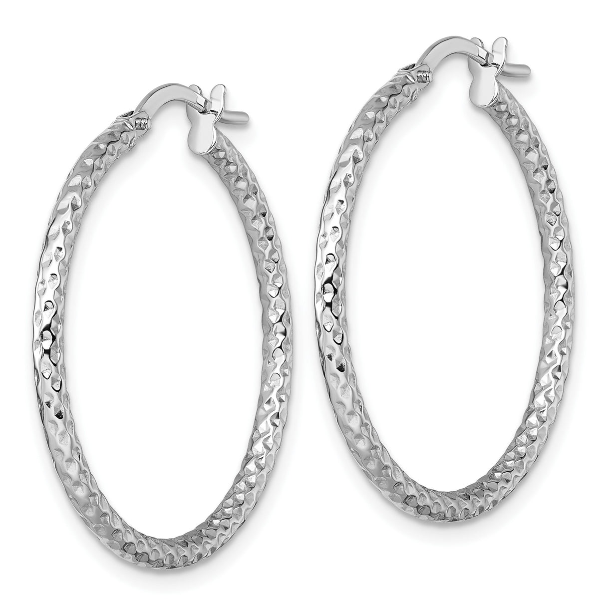 14k White Gold Hoop Earrings with Hammered Finish, Textured Round Design for Women