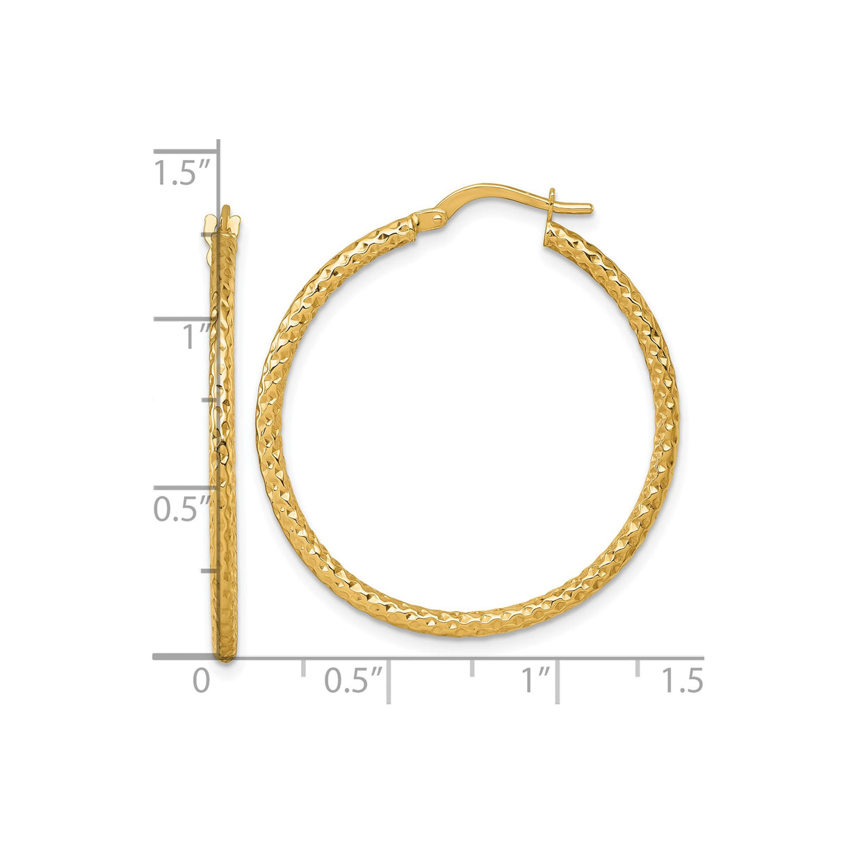 14k Yellow Gold Hoop Earrings, Lightweight Hammered Texture Round Hoops for Women