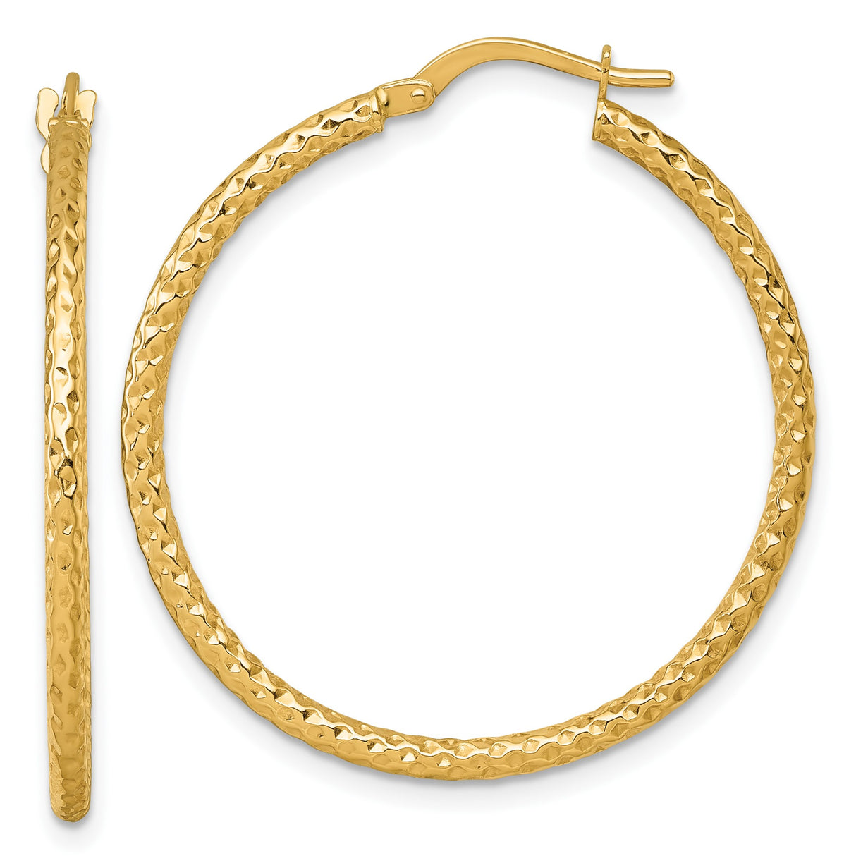 14k Yellow Gold Hoop Earrings, Lightweight Hammered Texture Round Hoops for Women