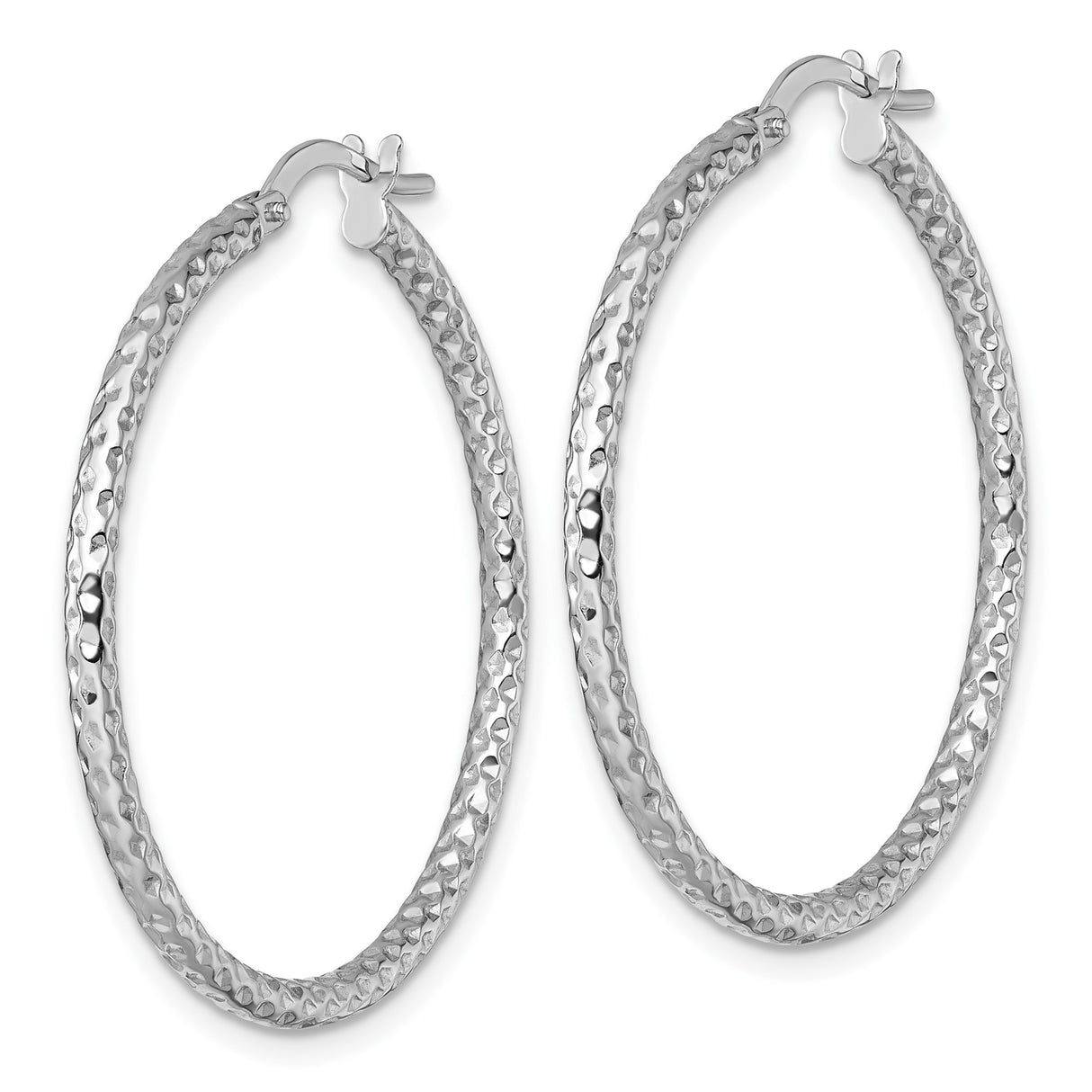 14k White Gold Hoop Earrings, Diamond Cut Textured Finish, Classic Round Hinged Design