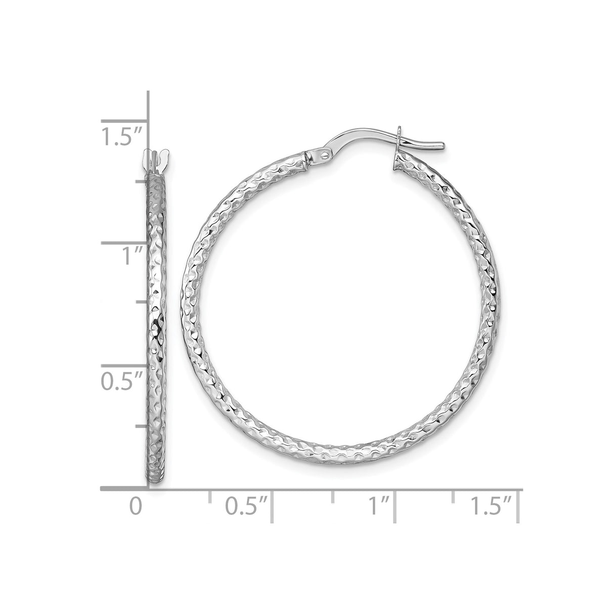 14k White Gold Hoop Earrings, Diamond Cut Textured Finish, Classic Round Hinged Design