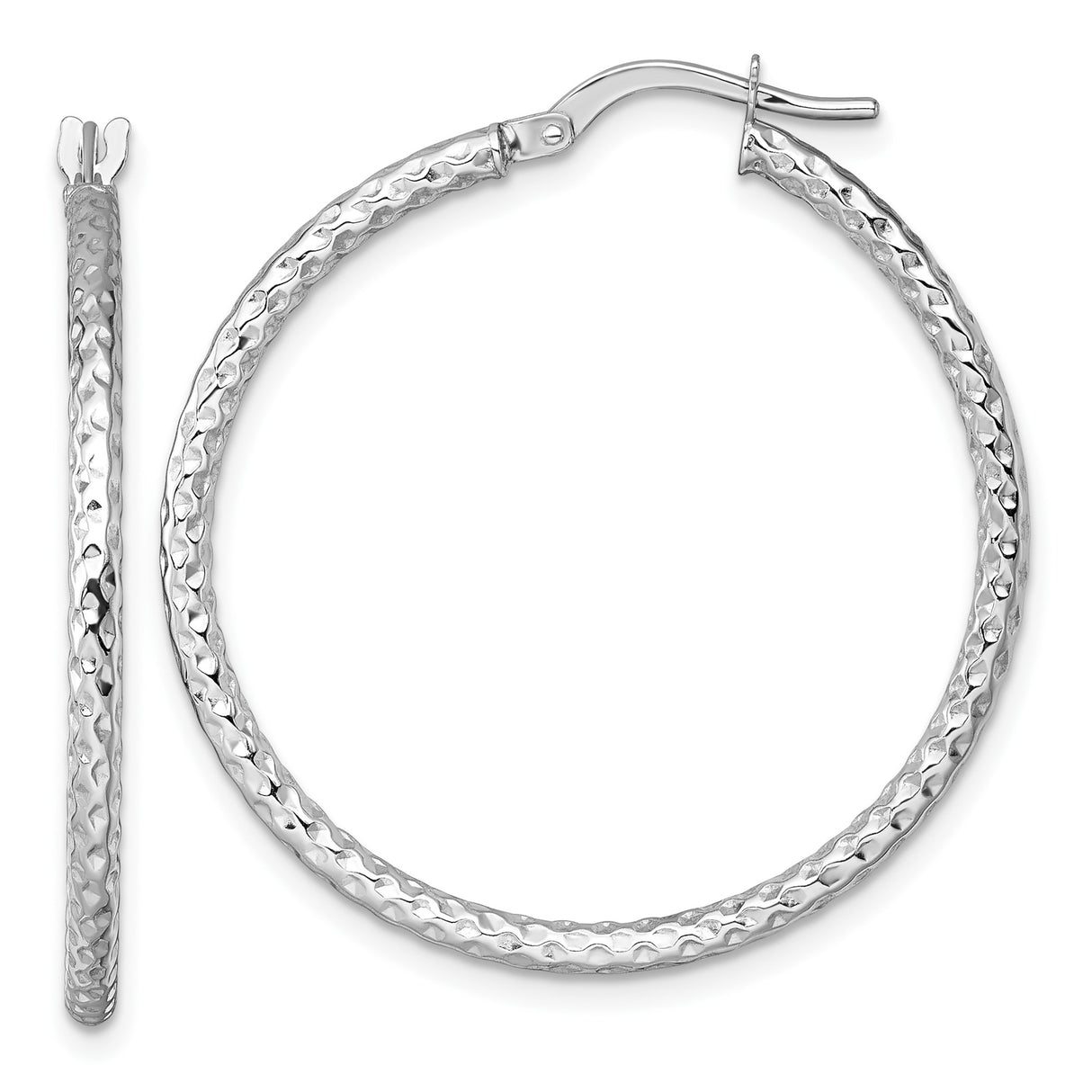 14k White Gold Hoop Earrings, Diamond Cut Textured Finish, Classic Round Hinged Design