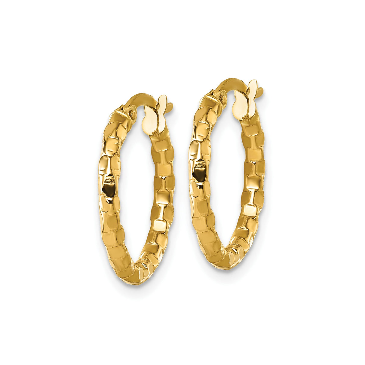 14k Yellow Gold Hoop Earrings, Textured Medium Hoops, Hammered Brick Pattern, Lightweight Design