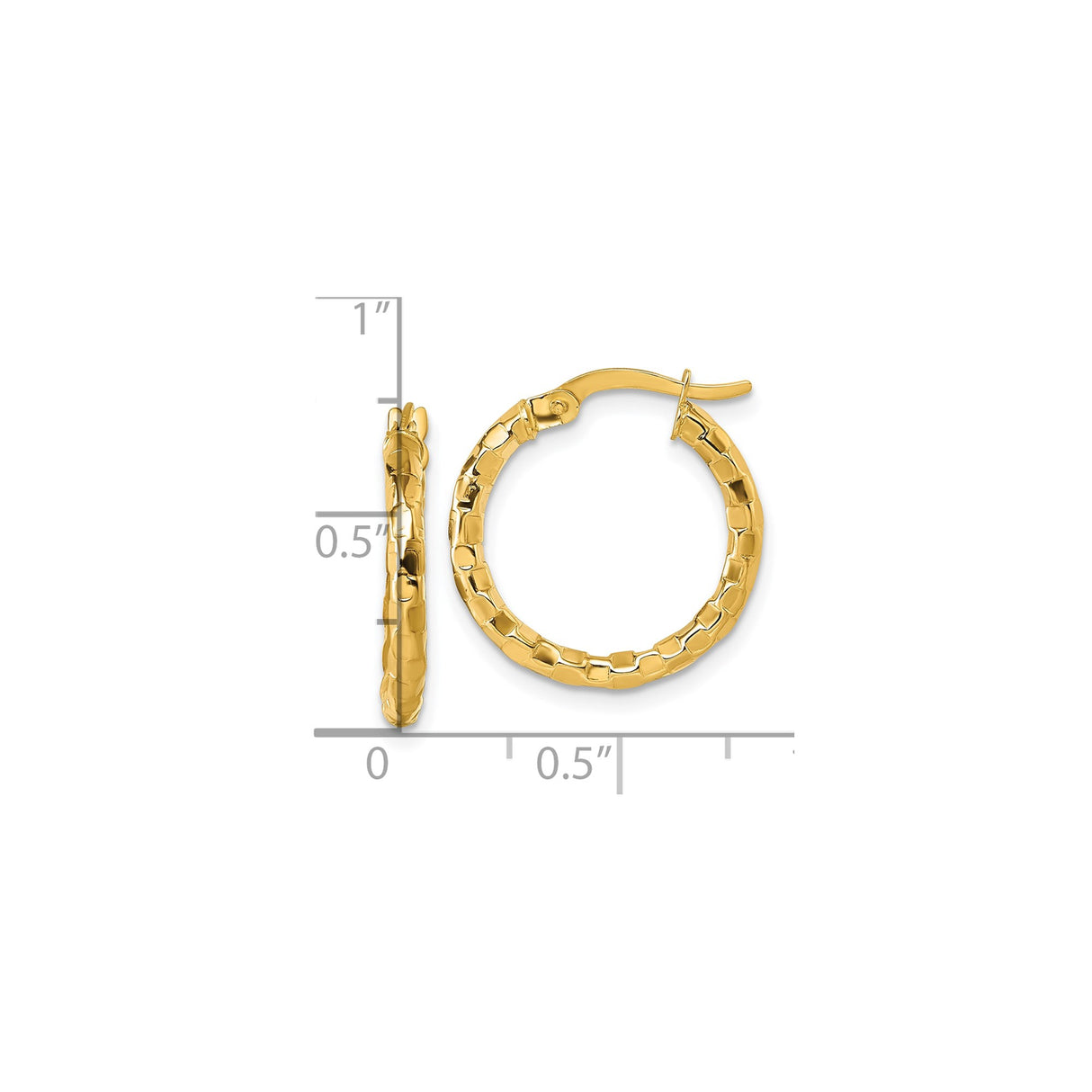 14k Yellow Gold Hoop Earrings, Textured Medium Hoops, Hammered Brick Pattern, Lightweight Design