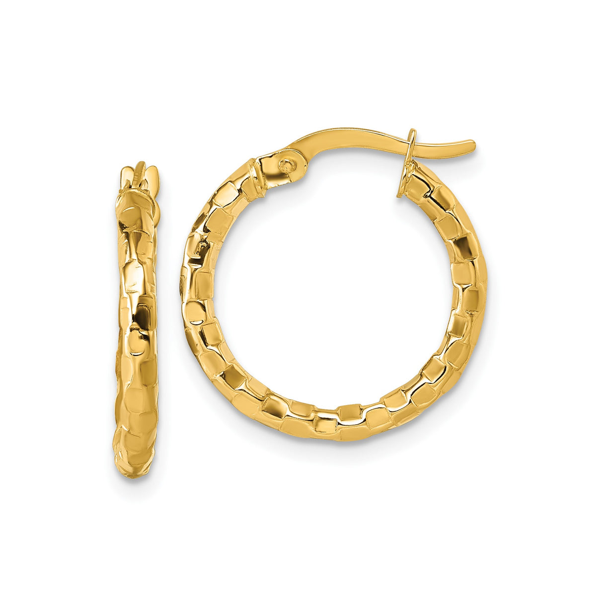 14k Yellow Gold Hoop Earrings, Textured Medium Hoops, Hammered Brick Pattern, Lightweight Design