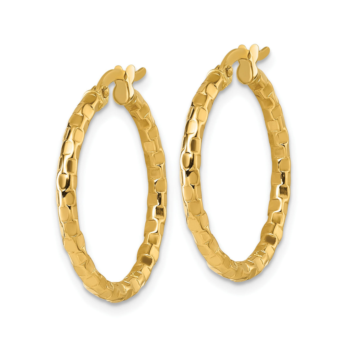 14k Yellow Gold Hoop Earrings, Textured Brick Pattern, Contemporary Tube Design