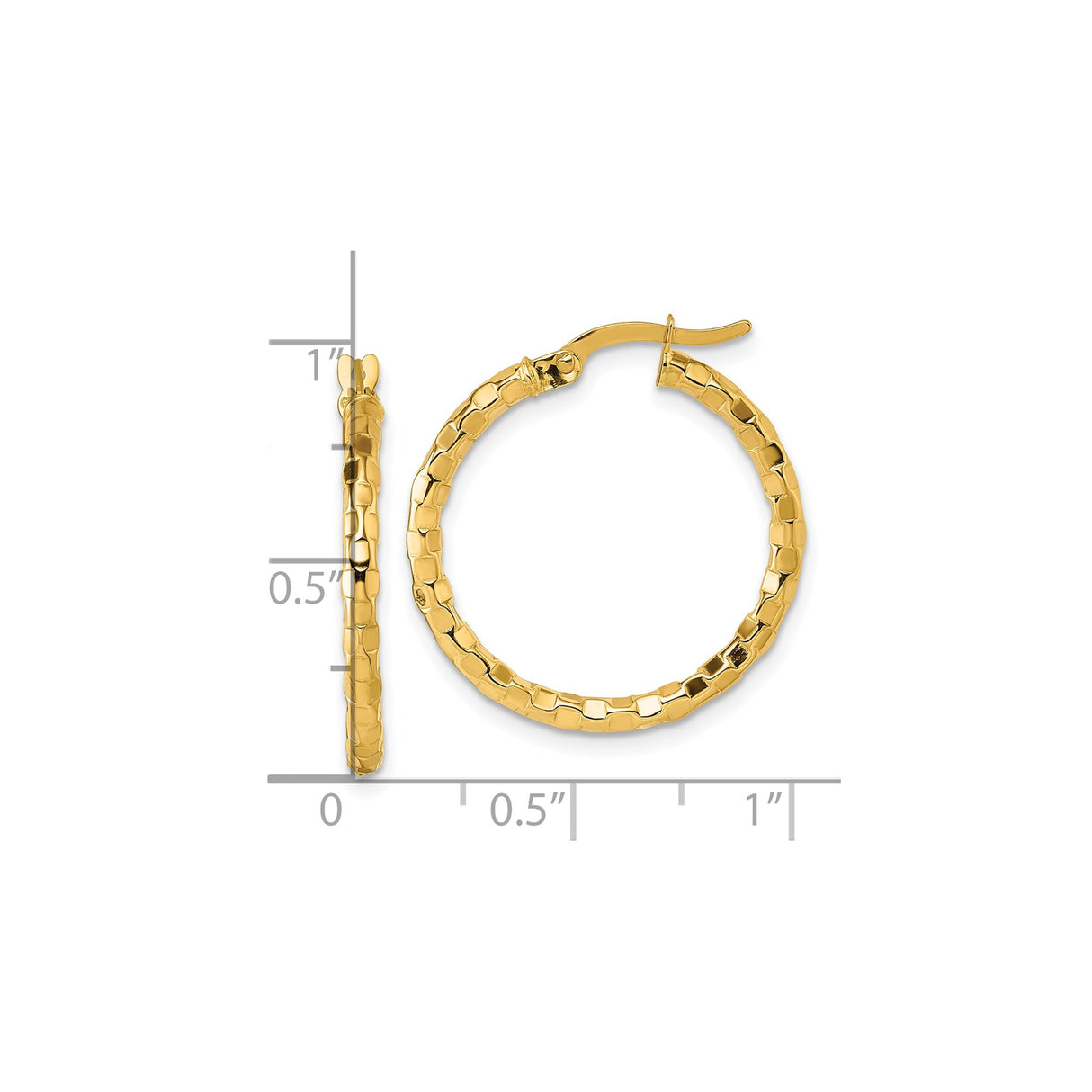14k Yellow Gold Hoop Earrings, Textured Brick Pattern, Contemporary Tube Design