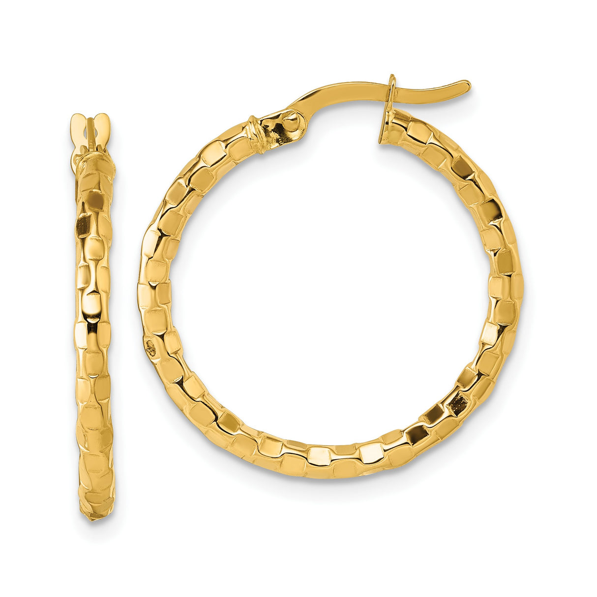 14k Yellow Gold Hoop Earrings, Textured Brick Pattern, Contemporary Tube Design