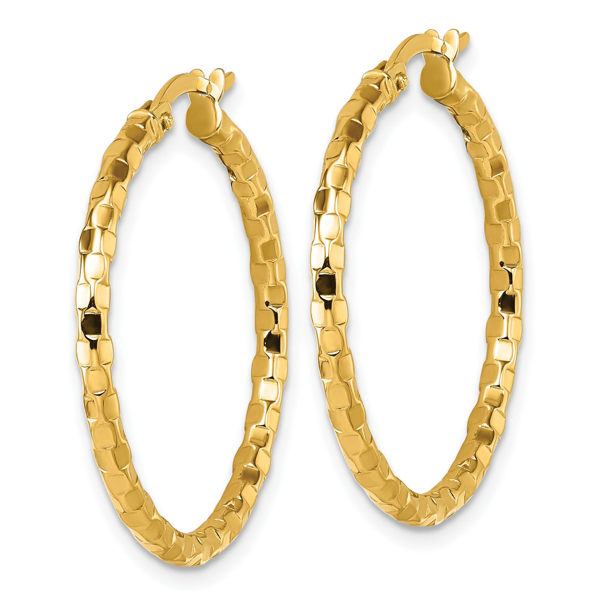 14k Yellow Gold Hoop Earrings, Textured Faceted Tube Design with High Shine Finish