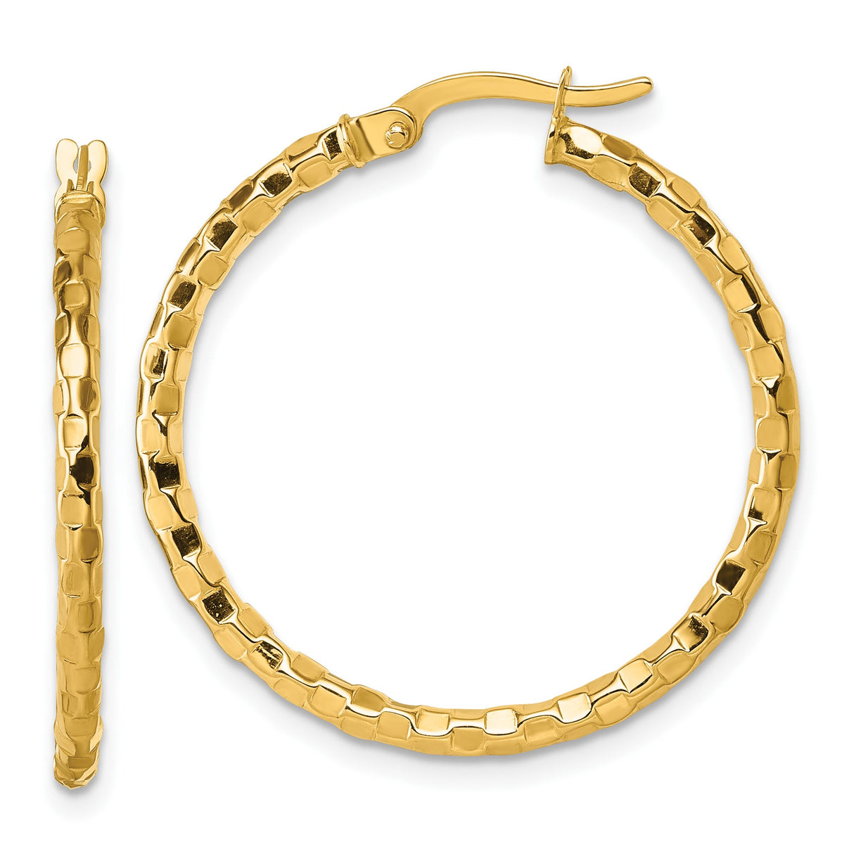 14k Yellow Gold Hoop Earrings, Textured Faceted Tube Design with High Shine Finish