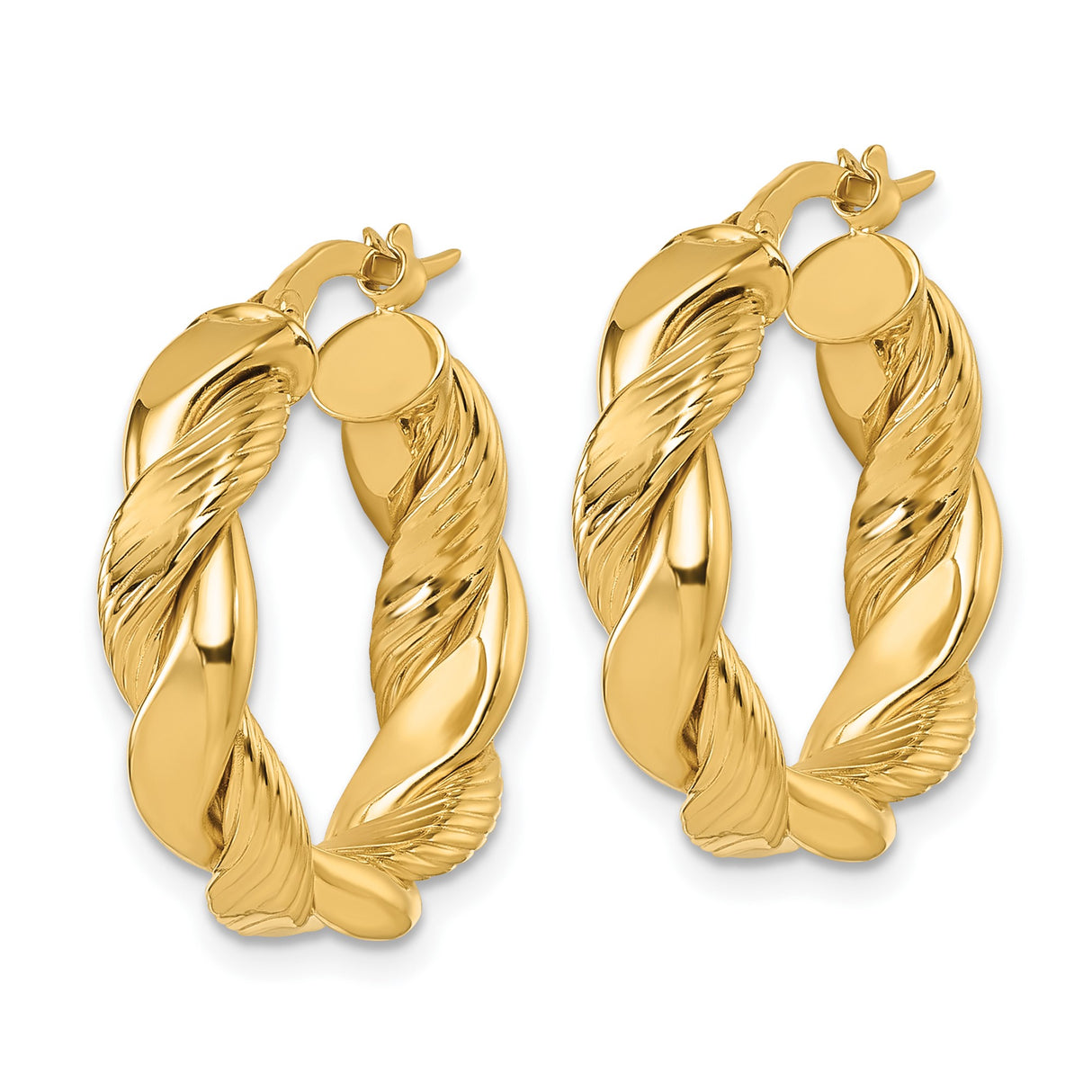 14k Yellow Gold Twisted Hoop Earrings, Polished Rope Design Tube Hoops for Women