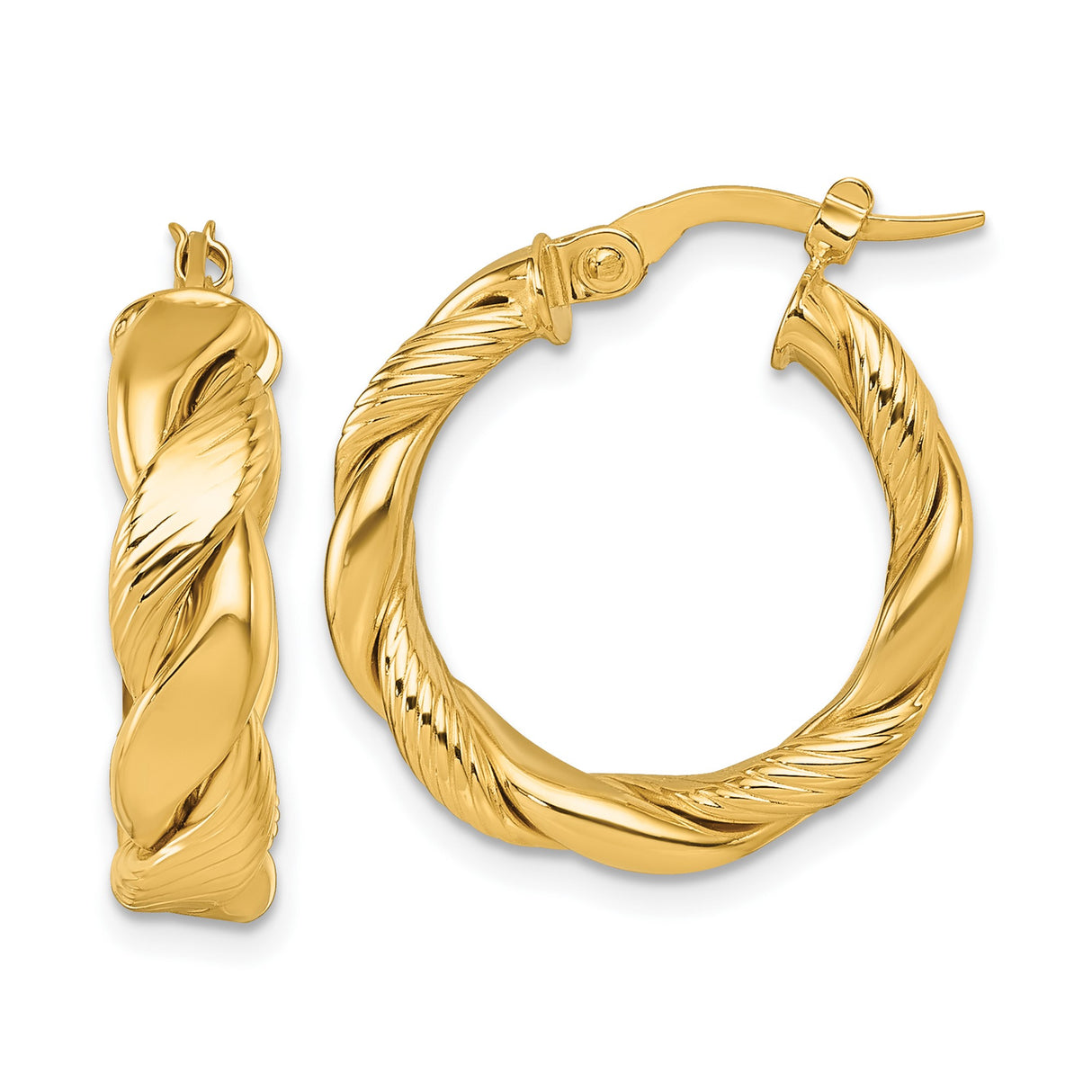 14k Yellow Gold Twisted Hoop Earrings, Polished Rope Design Tube Hoops for Women