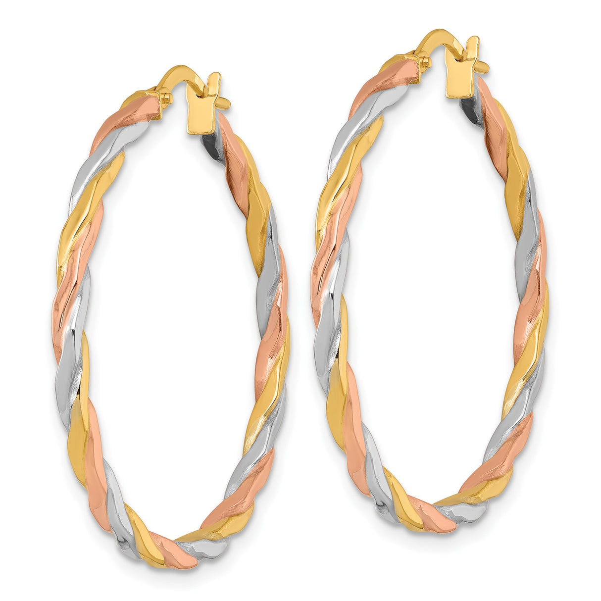 14k Tri Color Gold Hoop Earrings with Polished Twisted Tube Design for Women