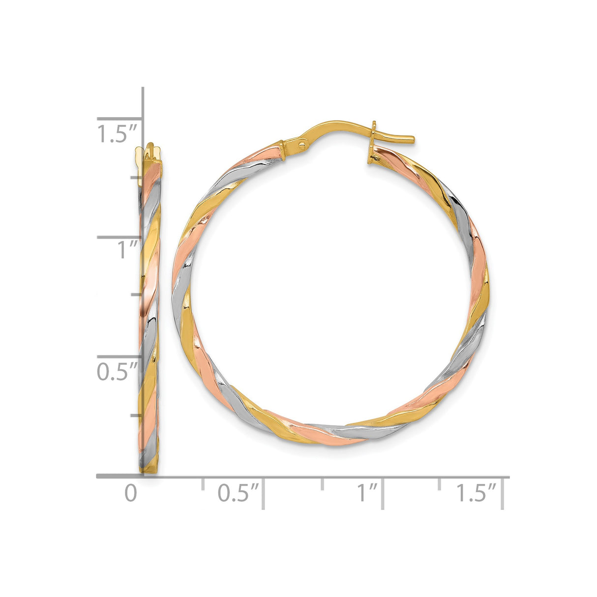 14k Tri Color Gold Hoop Earrings with Polished Twisted Tube Design for Women