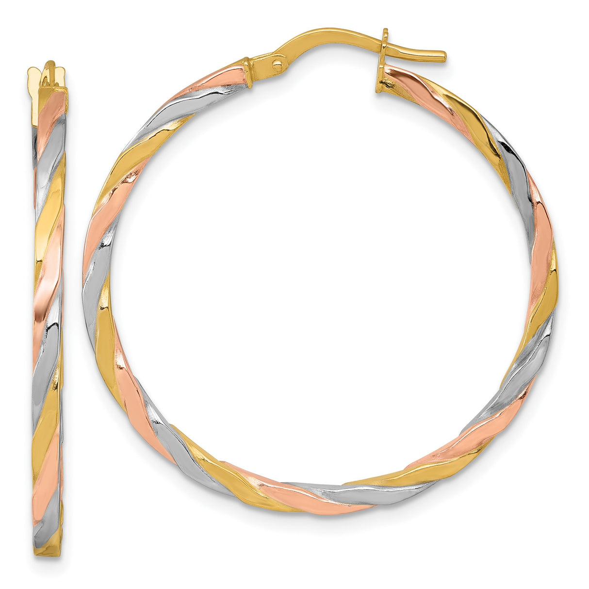 14k Tri Color Gold Hoop Earrings with Polished Twisted Tube Design for Women