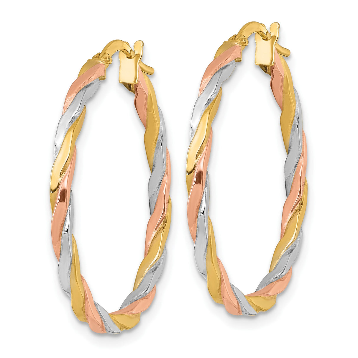 14k Yellow Gold Hoop Earrings with Twisted Tricolor Design in Yellow, White, and Rose Gold
