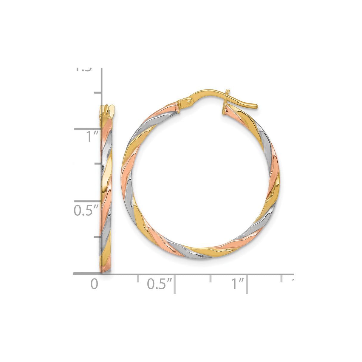 14k Yellow Gold Hoop Earrings with Twisted Tricolor Design in Yellow, White, and Rose Gold