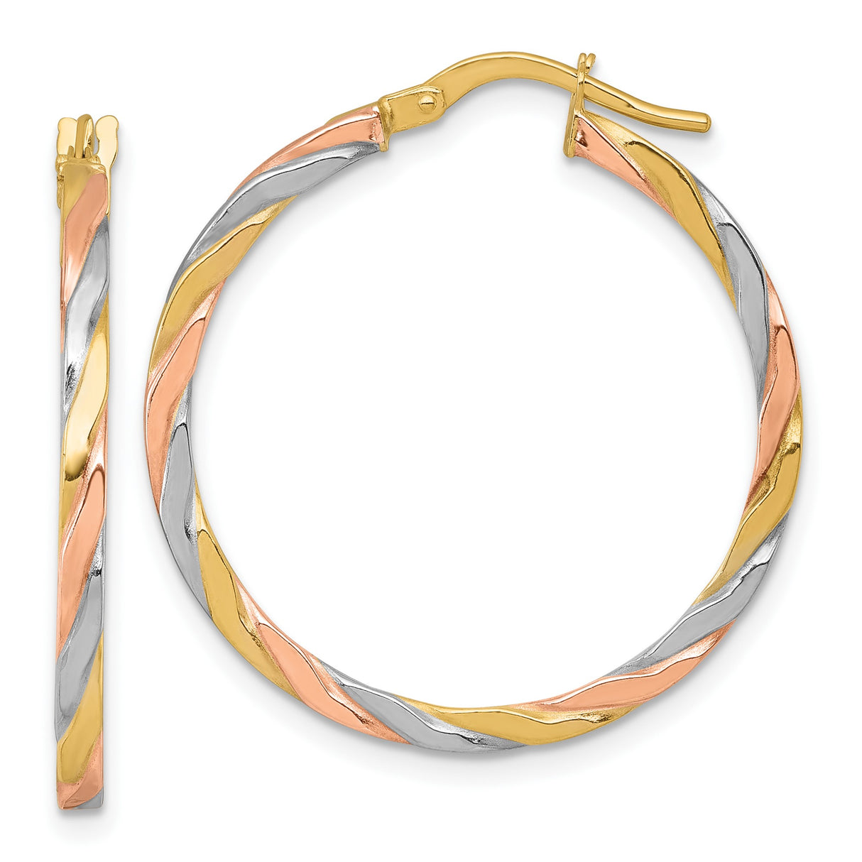 14k Yellow Gold Hoop Earrings with Twisted Tricolor Design in Yellow, White, and Rose Gold