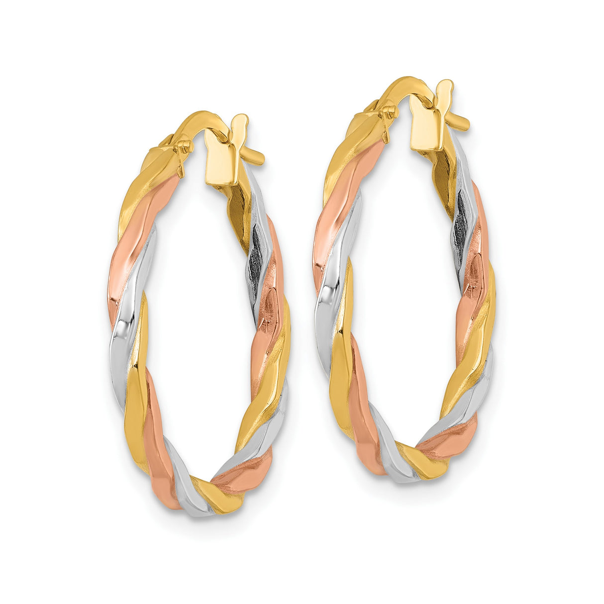 14k Tri-Color Gold Hoop Earrings, Twisted Yellow, White, and Rose Gold, Polished Finish