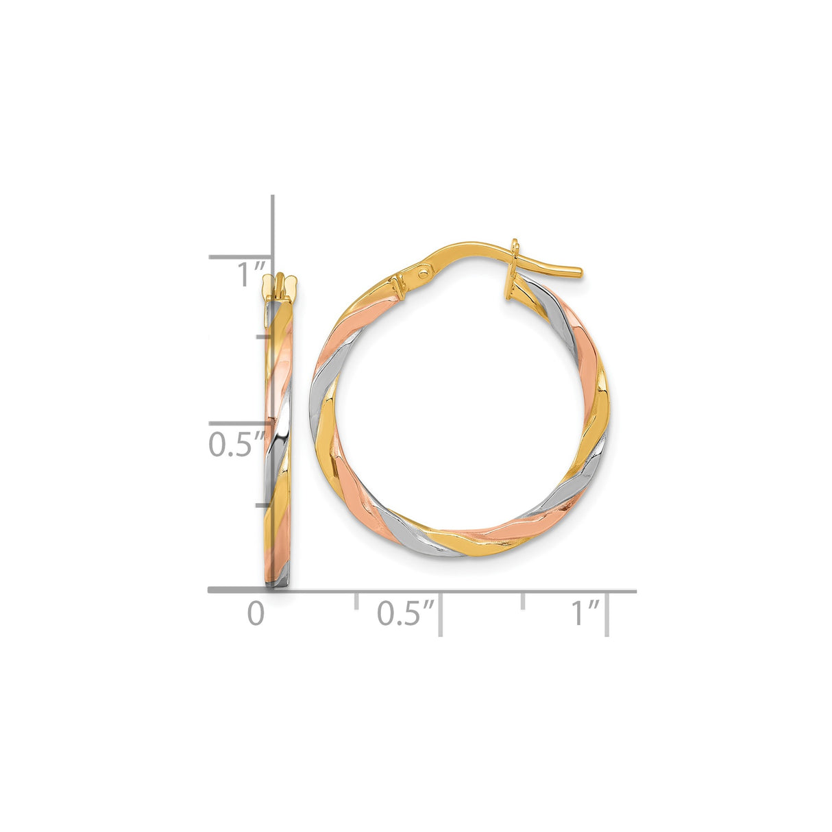 14k Tri-Color Gold Hoop Earrings, Twisted Yellow, White, and Rose Gold, Polished Finish