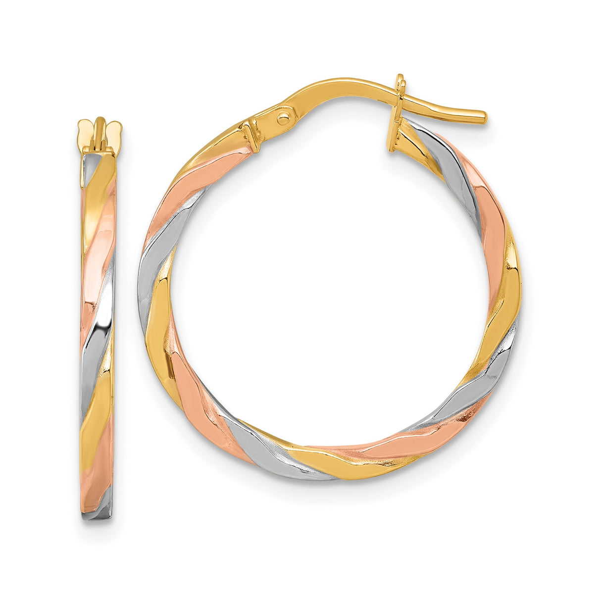 14k Tri-Color Gold Hoop Earrings, Twisted Yellow, White, and Rose Gold, Polished Finish