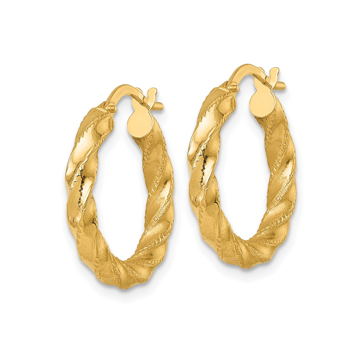 14k Yellow Gold Hoop Earrings with Twisted Swirl Design, Textured and Polished Finish