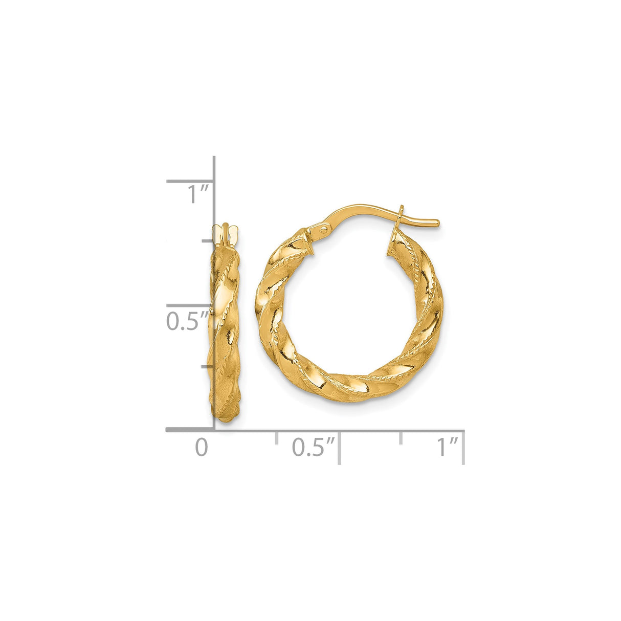 14k Yellow Gold Hoop Earrings with Twisted Swirl Design, Textured and Polished Finish