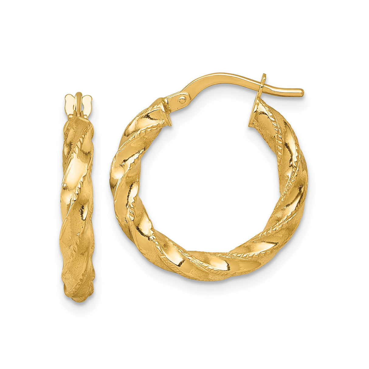 14k Yellow Gold Hoop Earrings with Twisted Swirl Design, Textured and Polished Finish