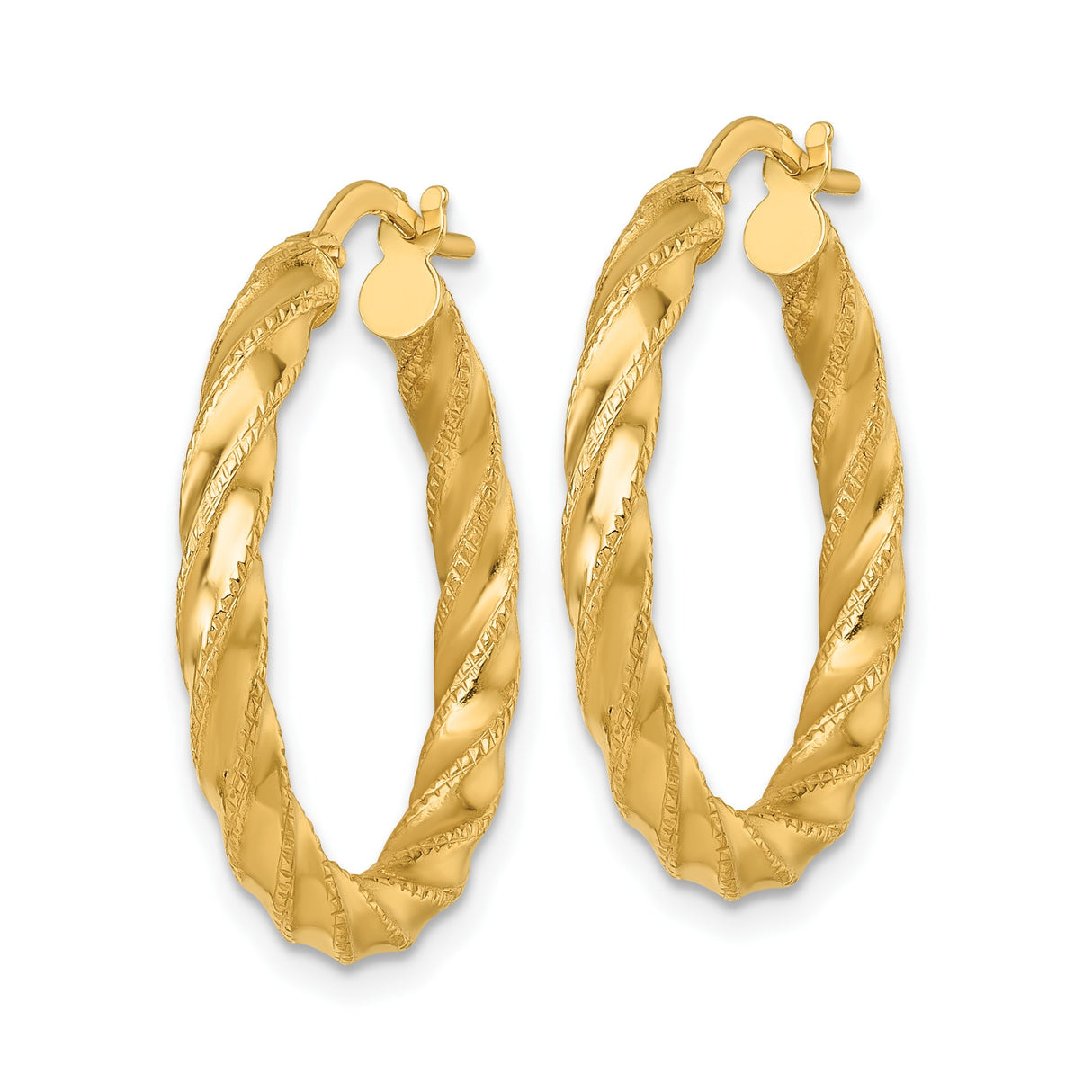 14k Yellow Gold Hoop Earrings, Twisted Tube Design, Polished Diamond-Cut Texture
