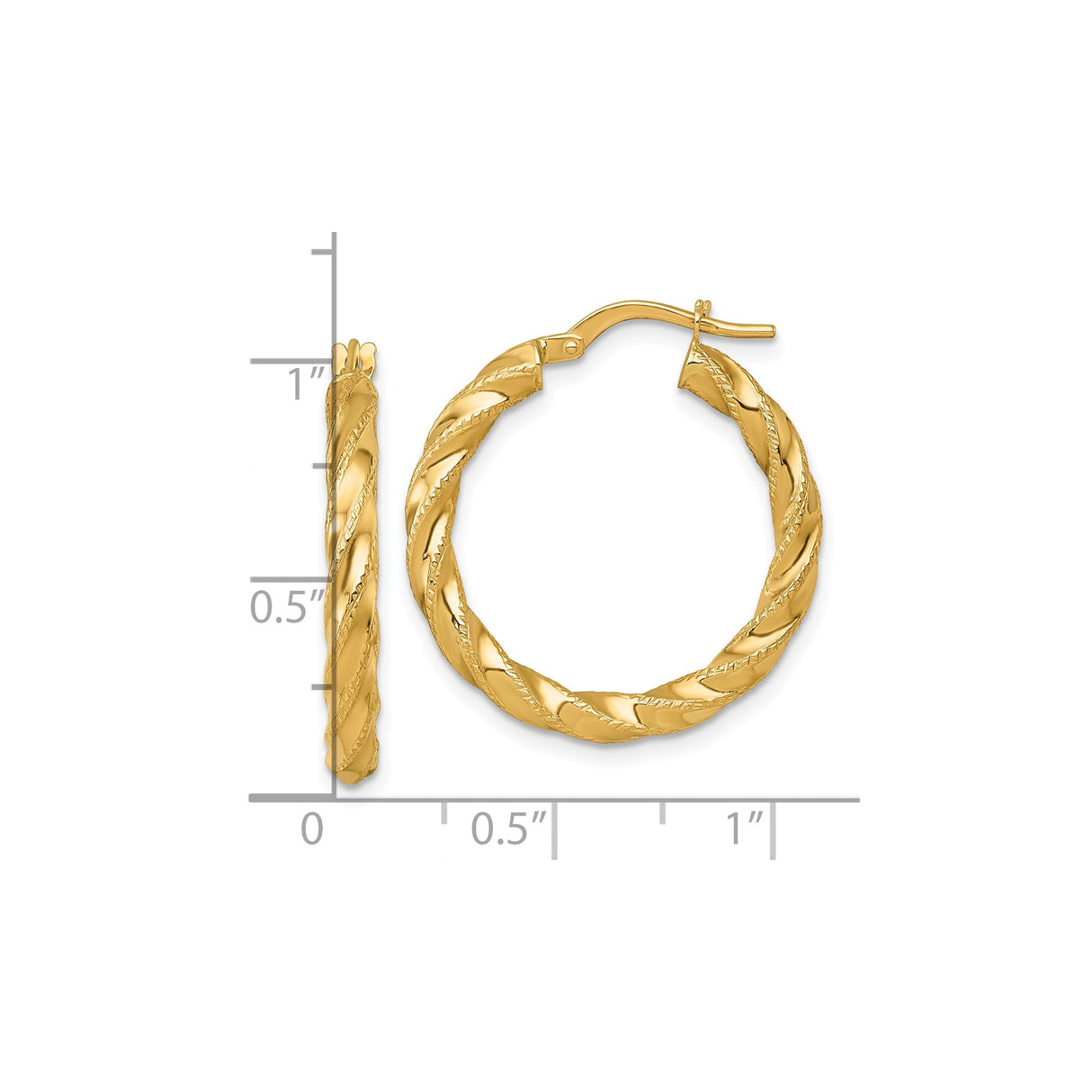 14k Yellow Gold Hoop Earrings, Twisted Tube Design, Polished Diamond-Cut Texture