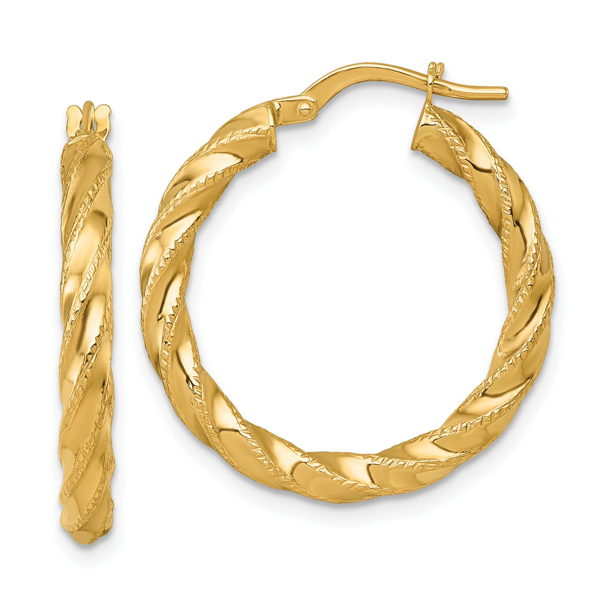 14k Yellow Gold Hoop Earrings, Twisted Tube Design, Polished Diamond-Cut Texture