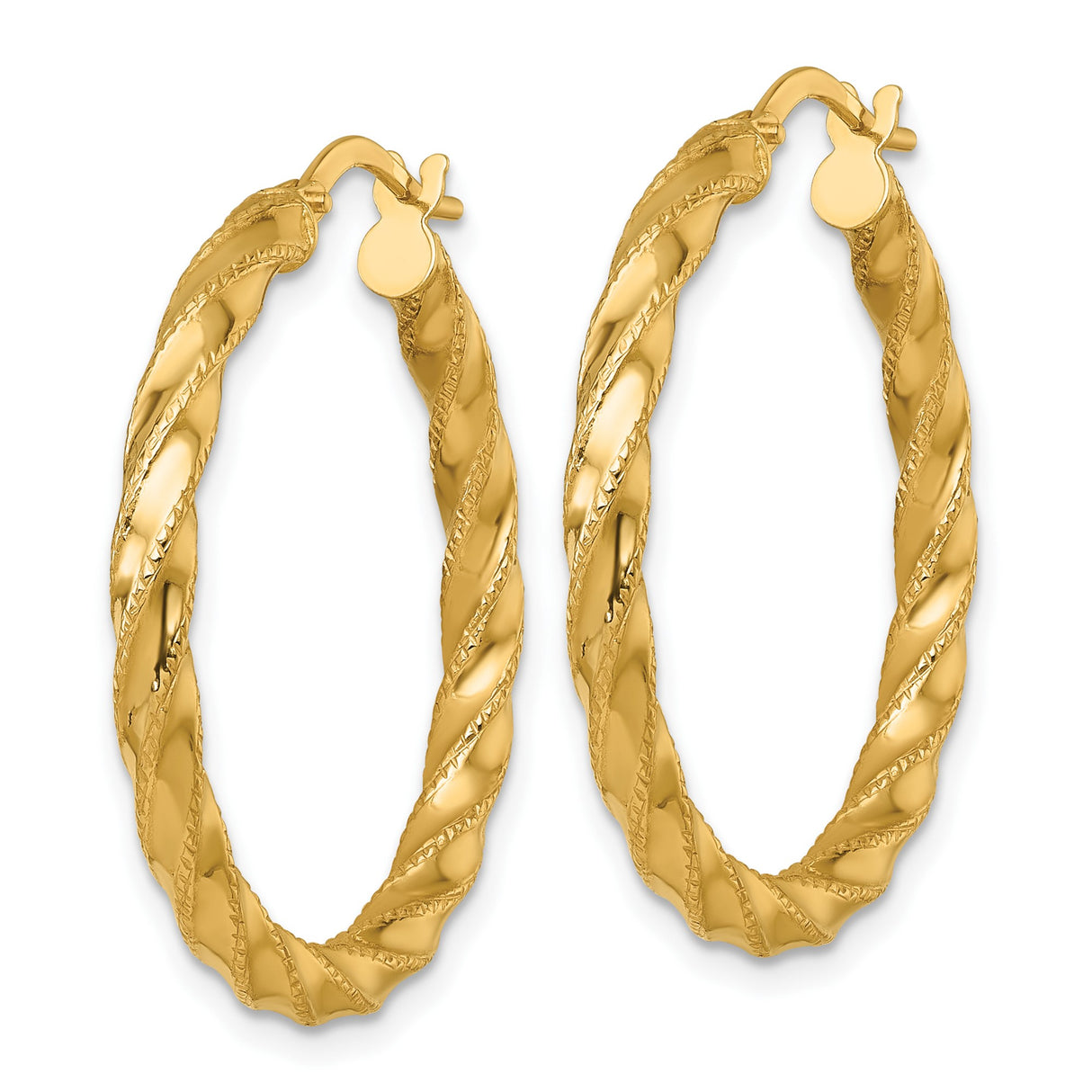 14k Yellow Gold Hoop Earrings with Twisted Polished Textured Swirl Design for Women