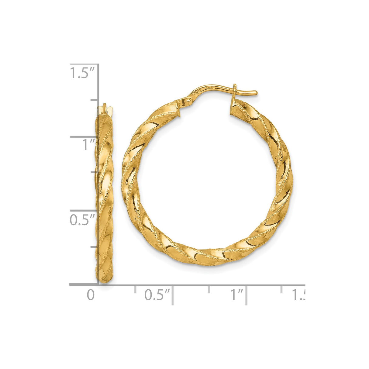 14k Yellow Gold Hoop Earrings with Twisted Polished Textured Swirl Design for Women