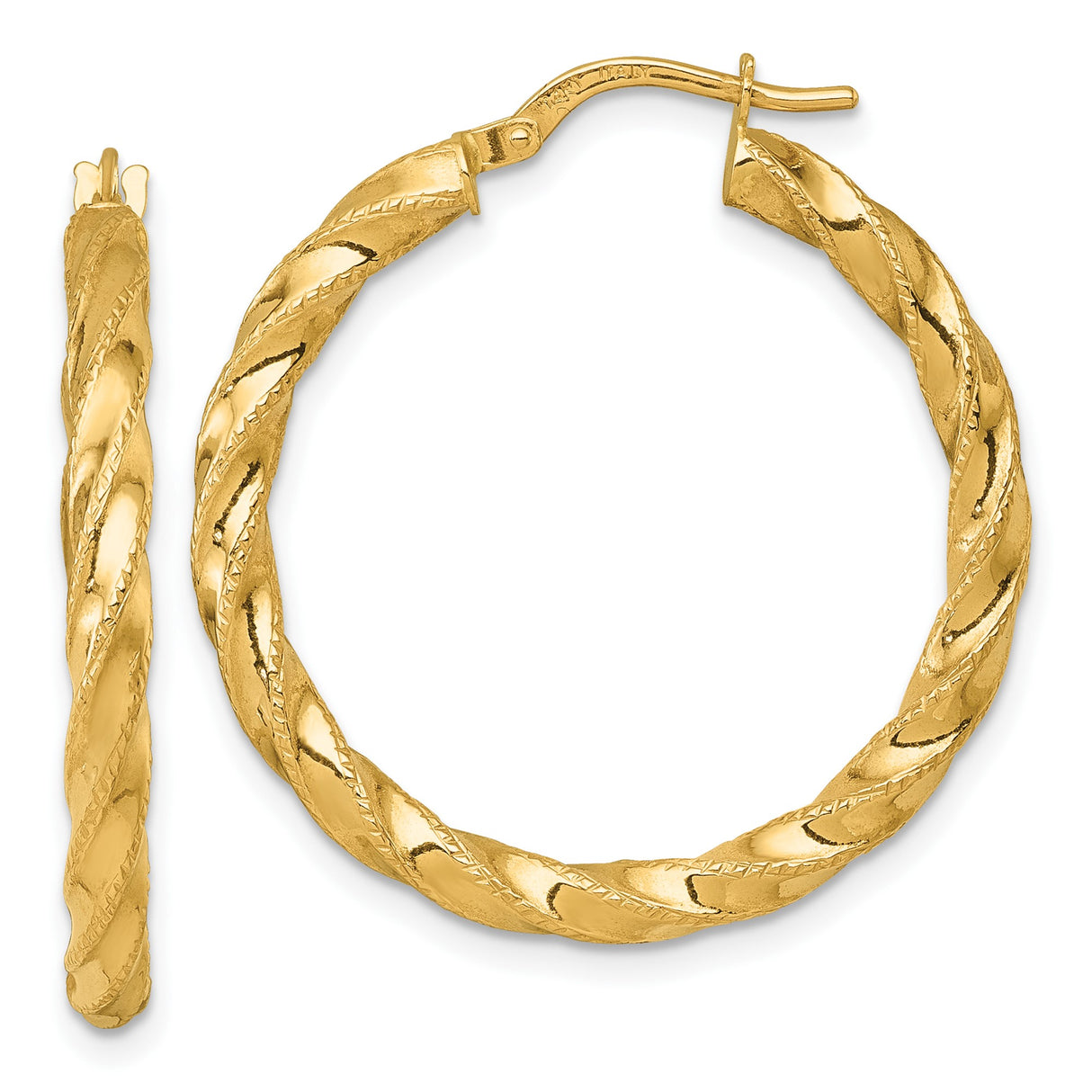 14k Yellow Gold Hoop Earrings with Twisted Polished Textured Swirl Design for Women