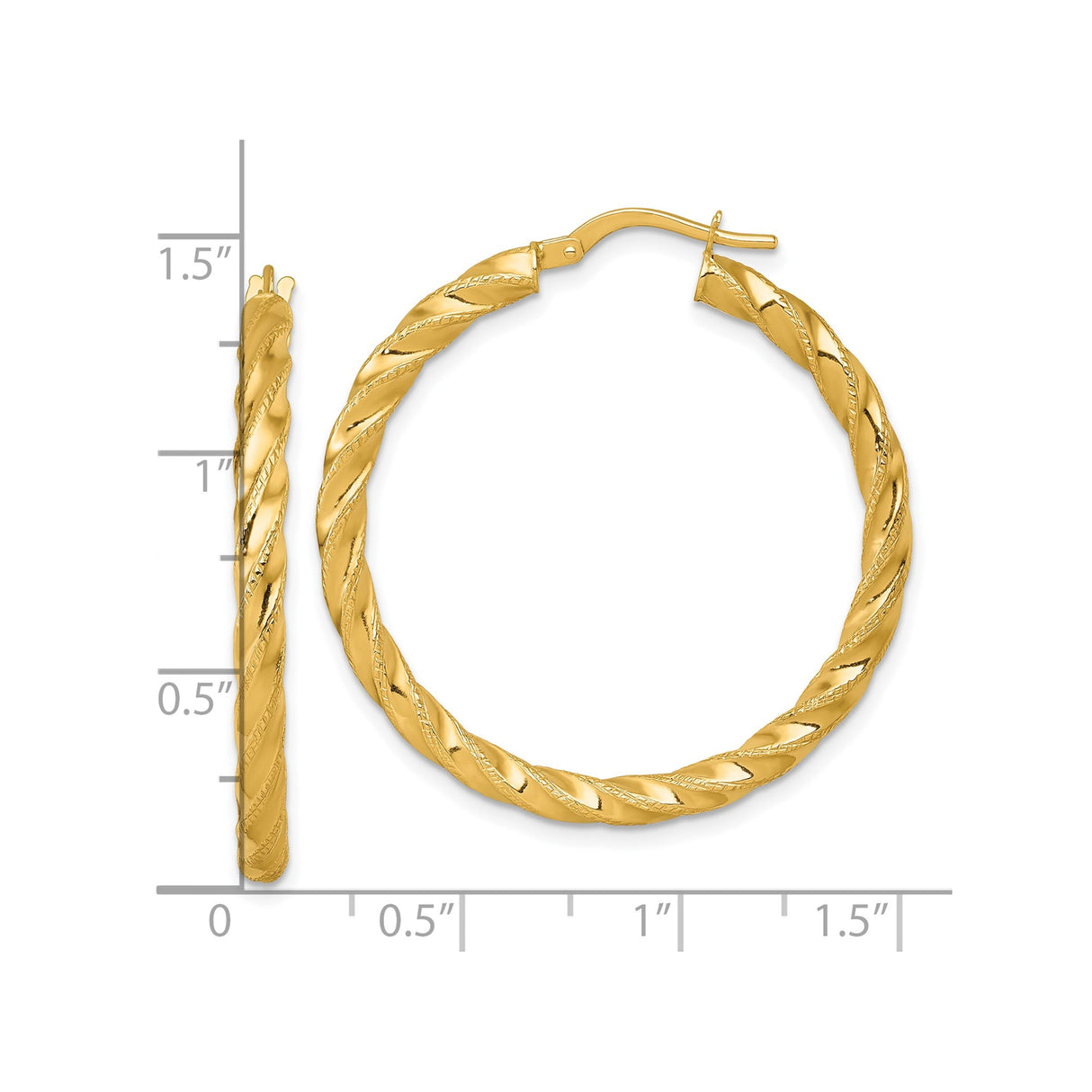 14k Yellow Gold Twisted Rope Hoop Earrings, Textured Lightweight Tube Hoops for Women
