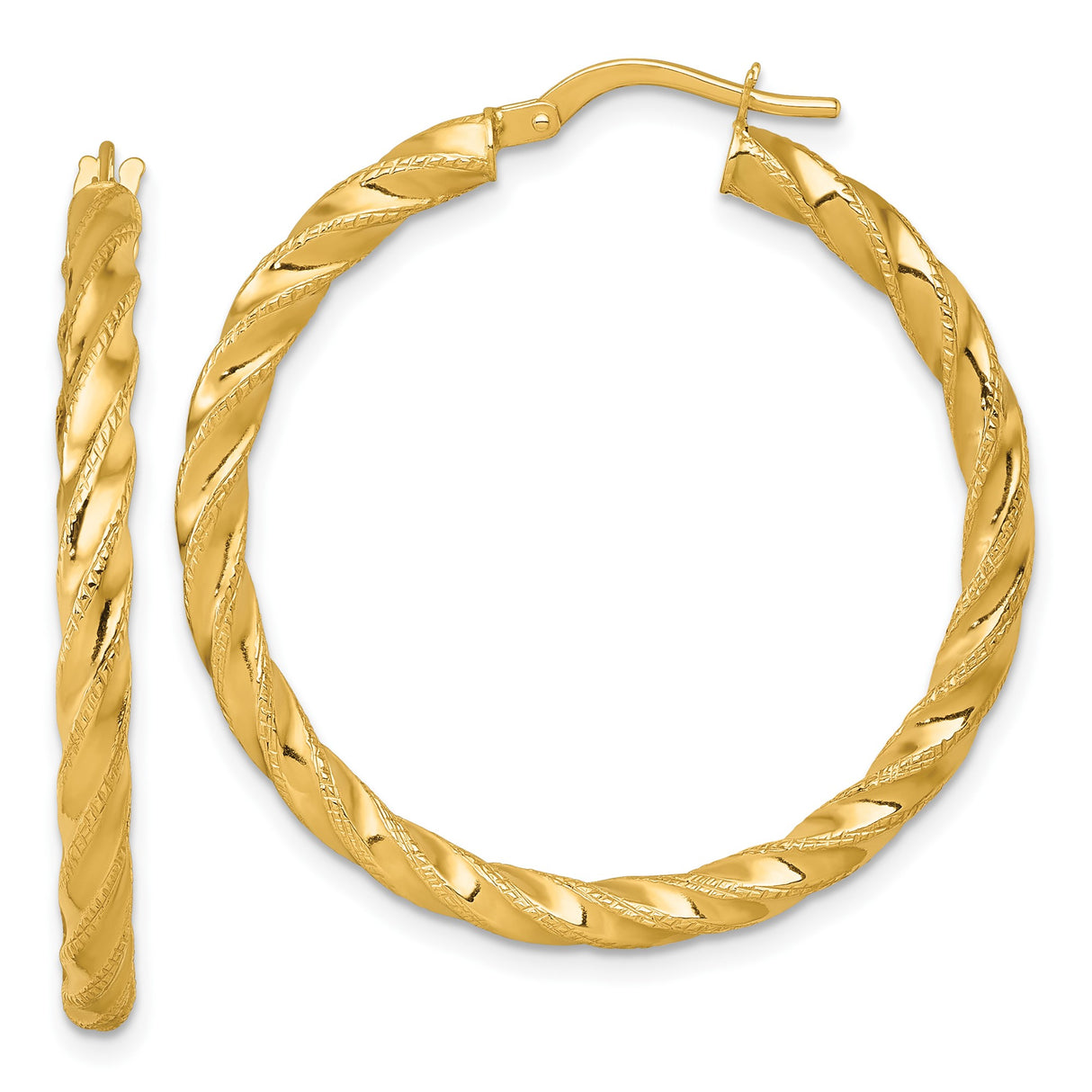 14k Yellow Gold Twisted Rope Hoop Earrings, Textured Lightweight Tube Hoops for Women