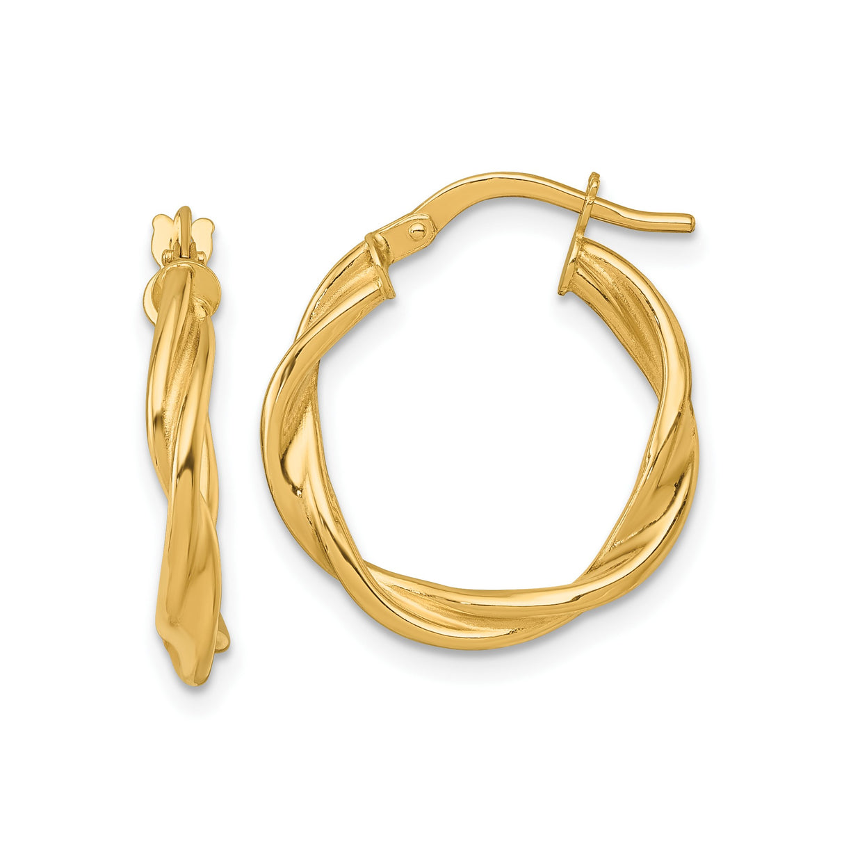 14k Yellow Gold Hoop Earrings, Twisted Polished Tube Design for Women