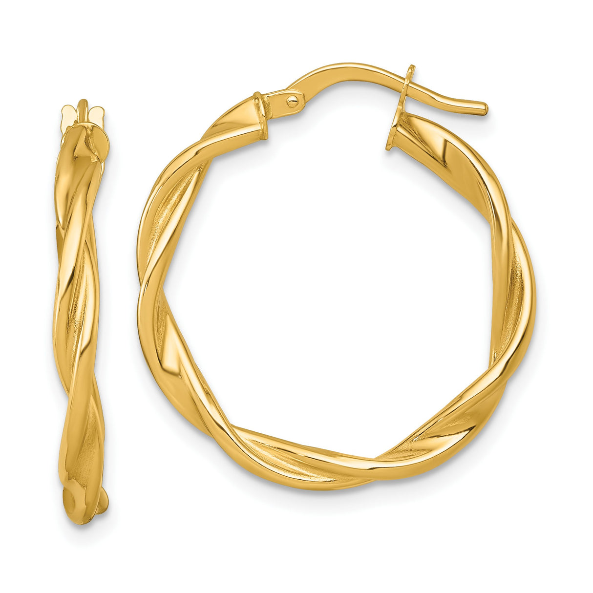 14k Yellow Gold Twisted Hoop Earrings with Polished Finish, Medium Tube Style for Women