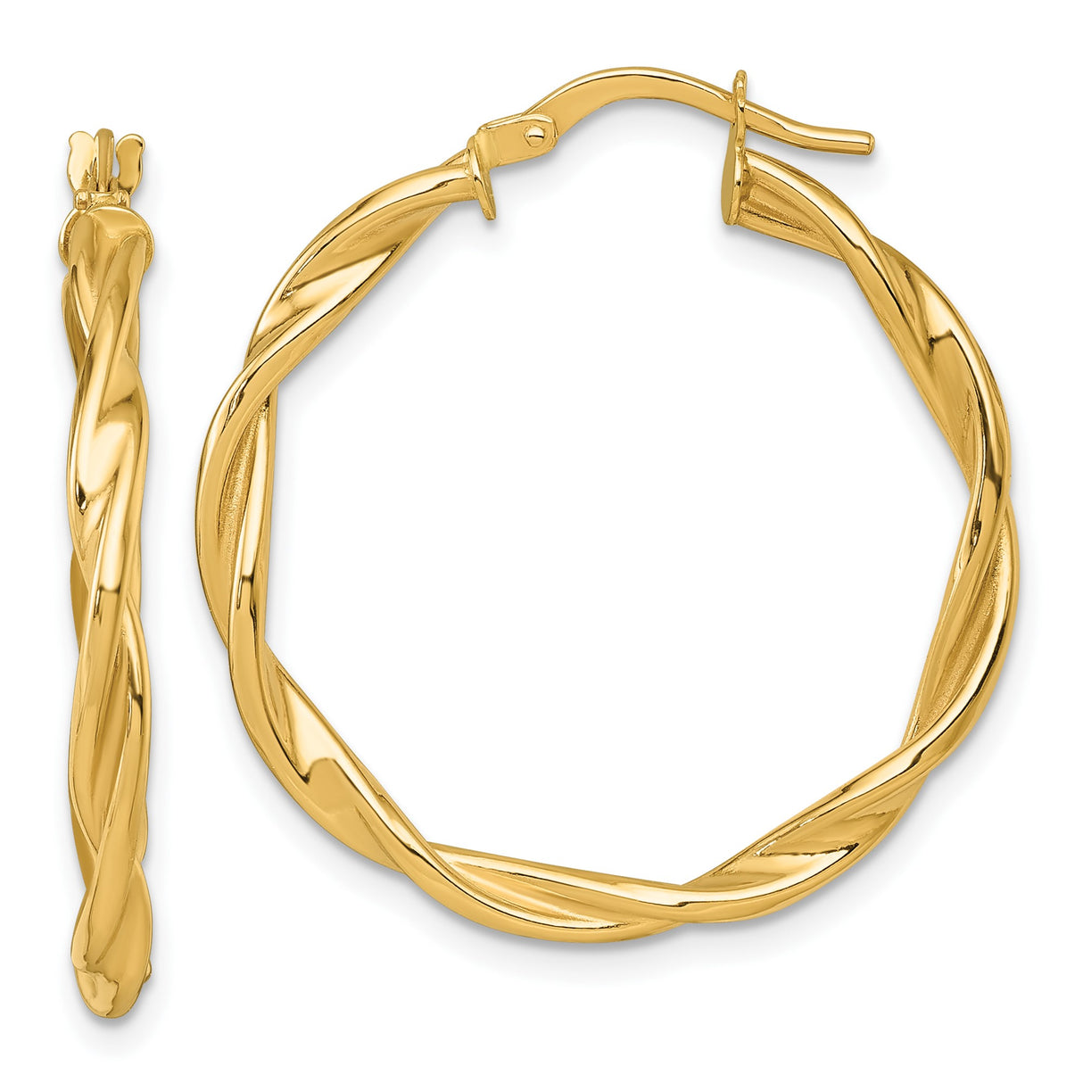 14k Yellow Gold Hoop Earrings, Twisted Braided Medium Hoops with Polished Finish for Women