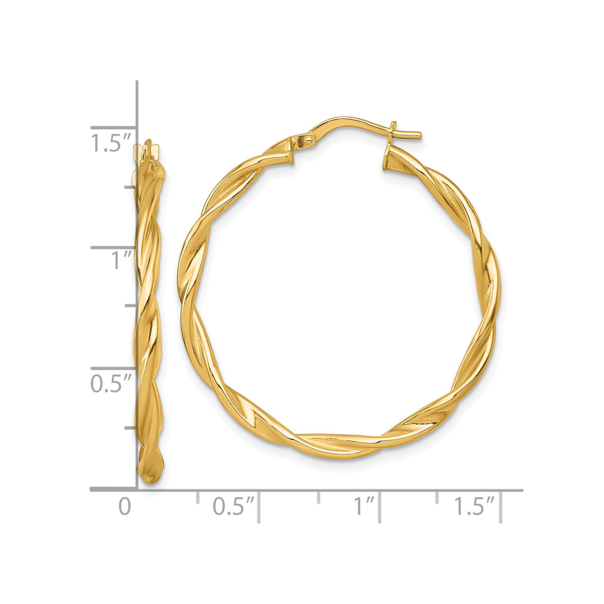 14k Yellow Gold Twisted Hoop Earrings, Polished Rope Design, Lightweight Medium Hoops